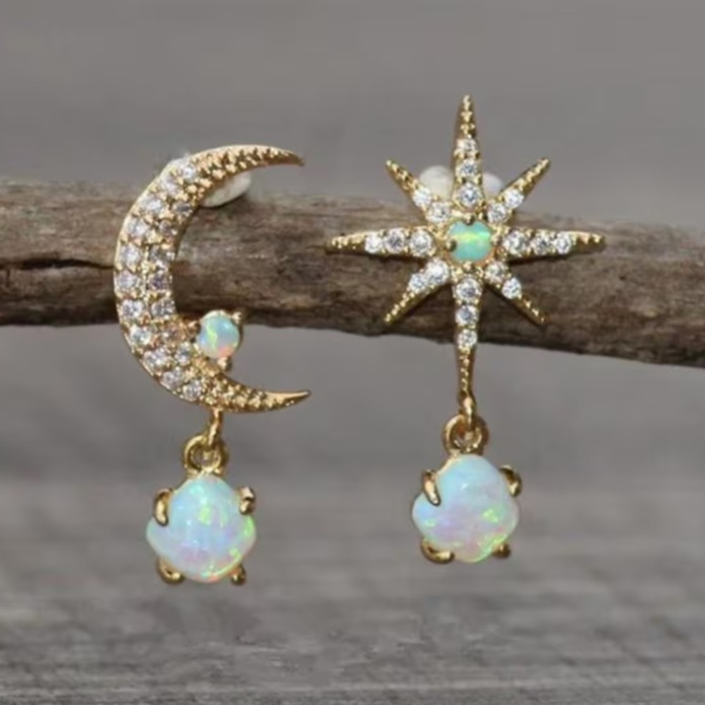 NEW ! boho Starlight Gold and Opal Moon and Star Earrings
